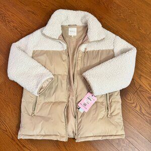 NWT Avec Les Filles Mixed Media Faux Shearling Puffer Coat In Oat Sherpa Combo